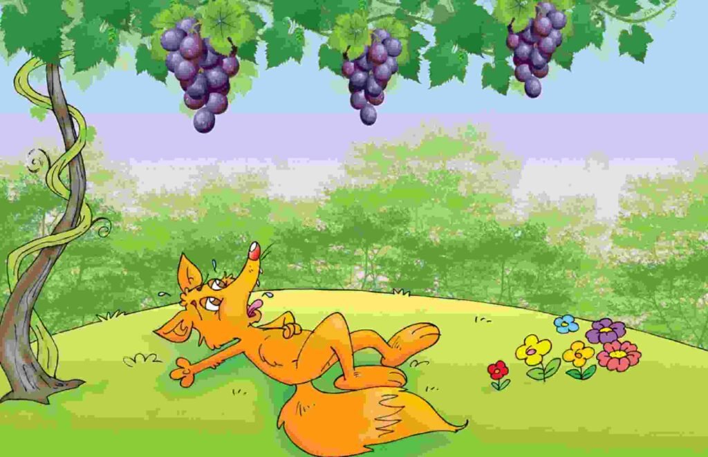A fox jumps for grapes but can't reach them, demonstrating that sometimes we pretend not to want what we can't have.