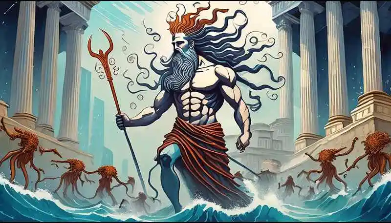 Poseidon, the sea god, confronting Medusa in Athena's temple
