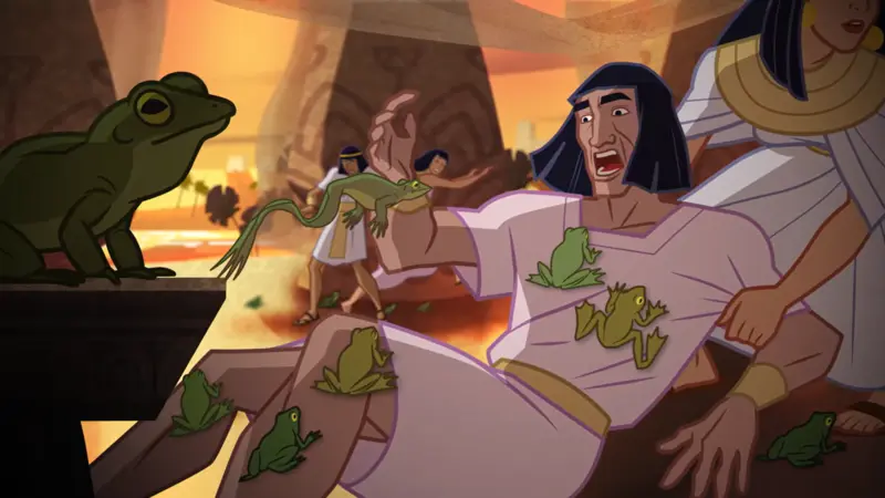 The Ten Plagues - A swarm of frogs invading a city, hopping into homes and onto people.