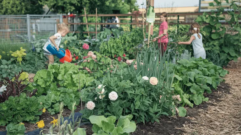 Lush community garden full of blooming plants, vegetables, and flowers, with kids tending to it.