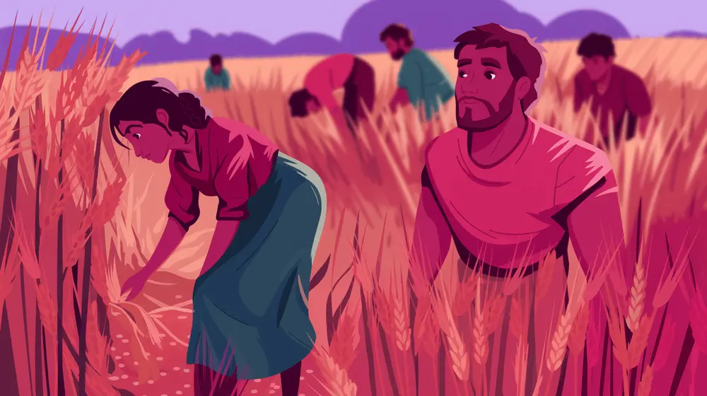 Ruth gathering leftover grain in a golden wheat field while Boaz watches.