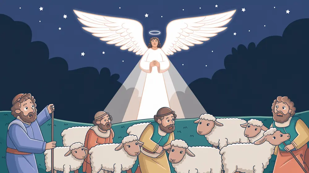 A bright angel with big, feathery wings appears in the sky, glowing warmly as the surprised shepherds look up.