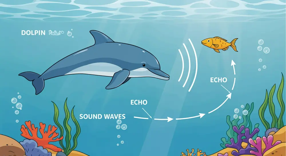 A cartoon-style diagram showing how dolphins use echolocation to find objects underwater.