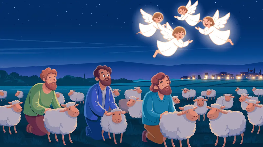 A group of shepherds in a field watches in awe as glowing angels appear in the night sky.
