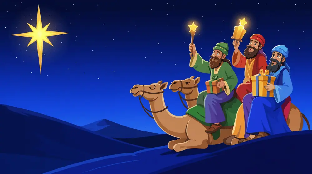 Three wise men riding camels under a bright twinkling star in the desert night.