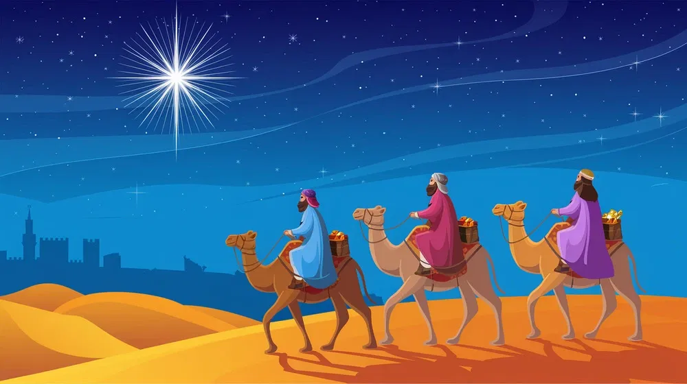 Three wise men on camels travel through the desert at night, following a bright star.