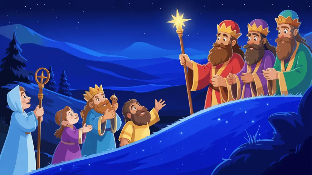 The wise men joyfully sharing the story of baby Jesus with villagers.