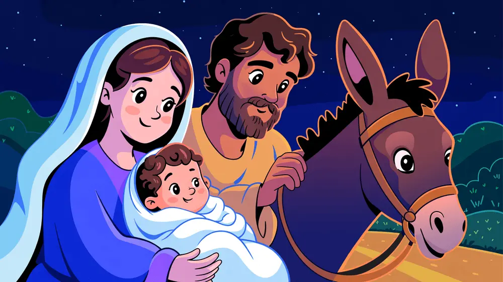 Mary, Joseph, and baby Jesus traveling on a donkey under a starry night sky, leaving Bethlehem.