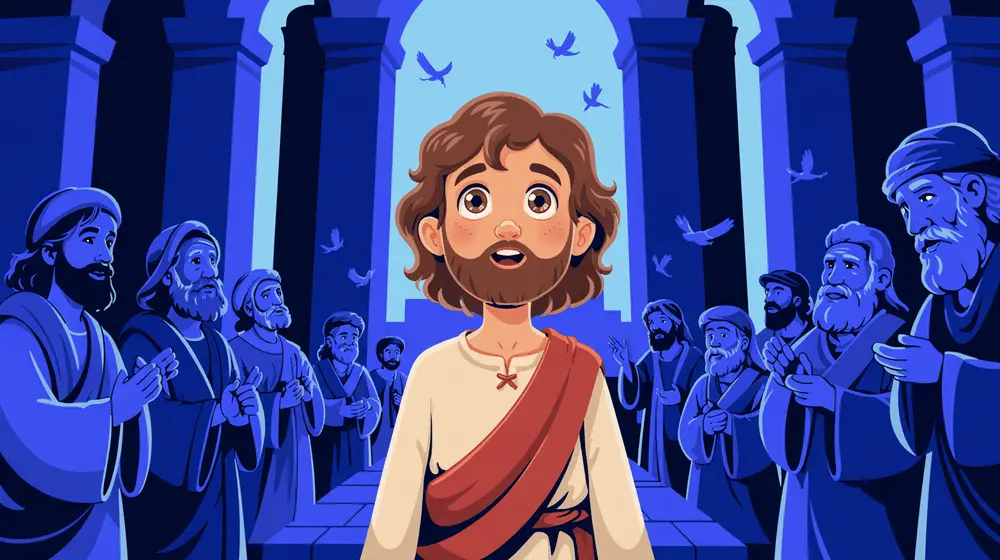Jesus listening to teachers in the Jerusalem Temple.