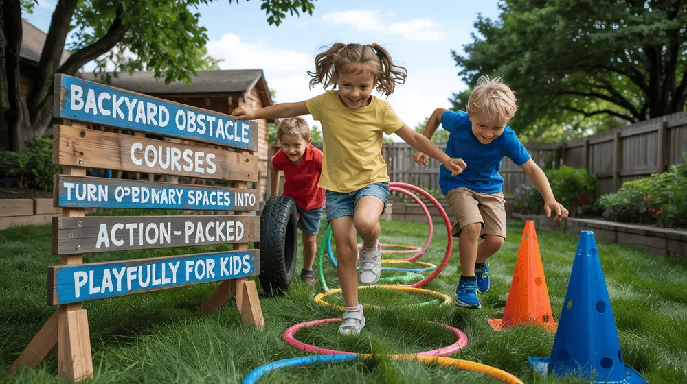 Kids running and jumping through a homemade obstacle course in a sunny backyard.