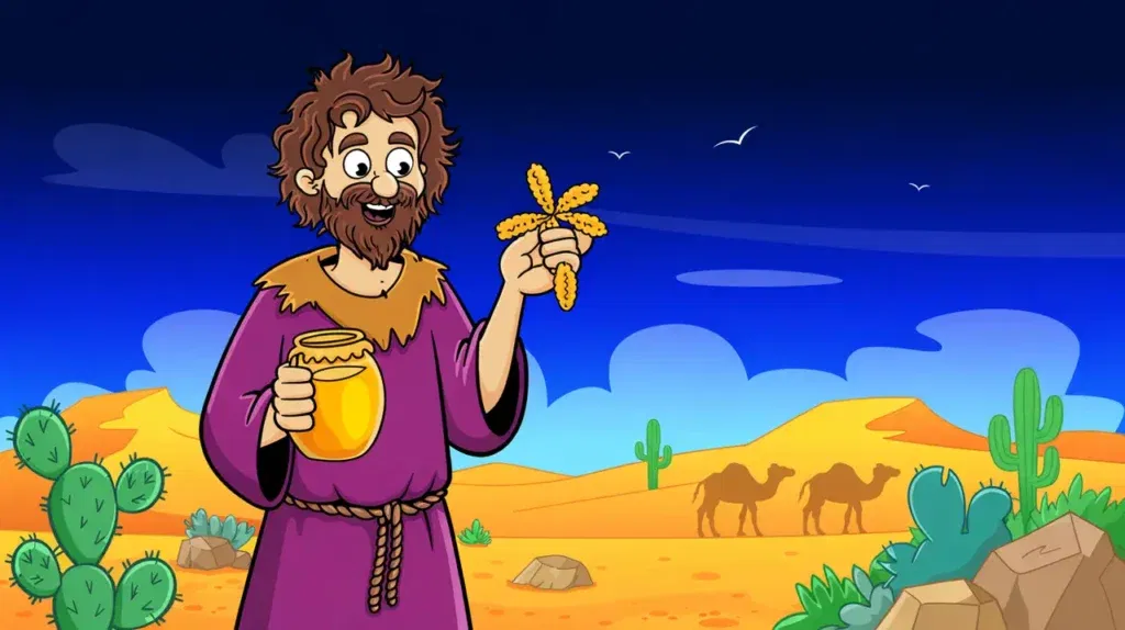 Cartoon of John the Baptist wearing a camel-hair robe eating locusts and honey in the desert