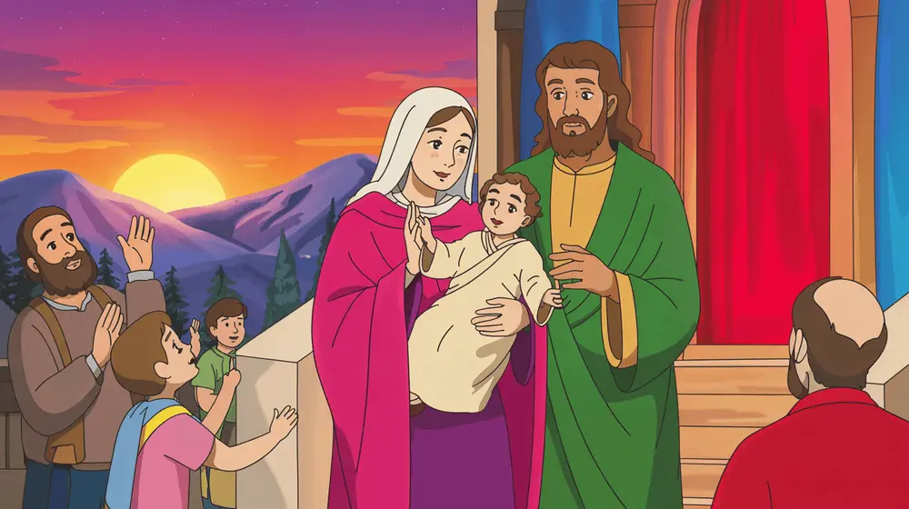 Mary and Joseph leave the temple with baby Jesus, as Simeon waves goodbye.