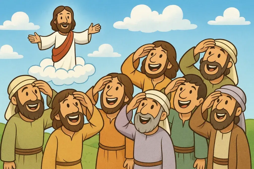 Disciples watch Jesus rise into the sky