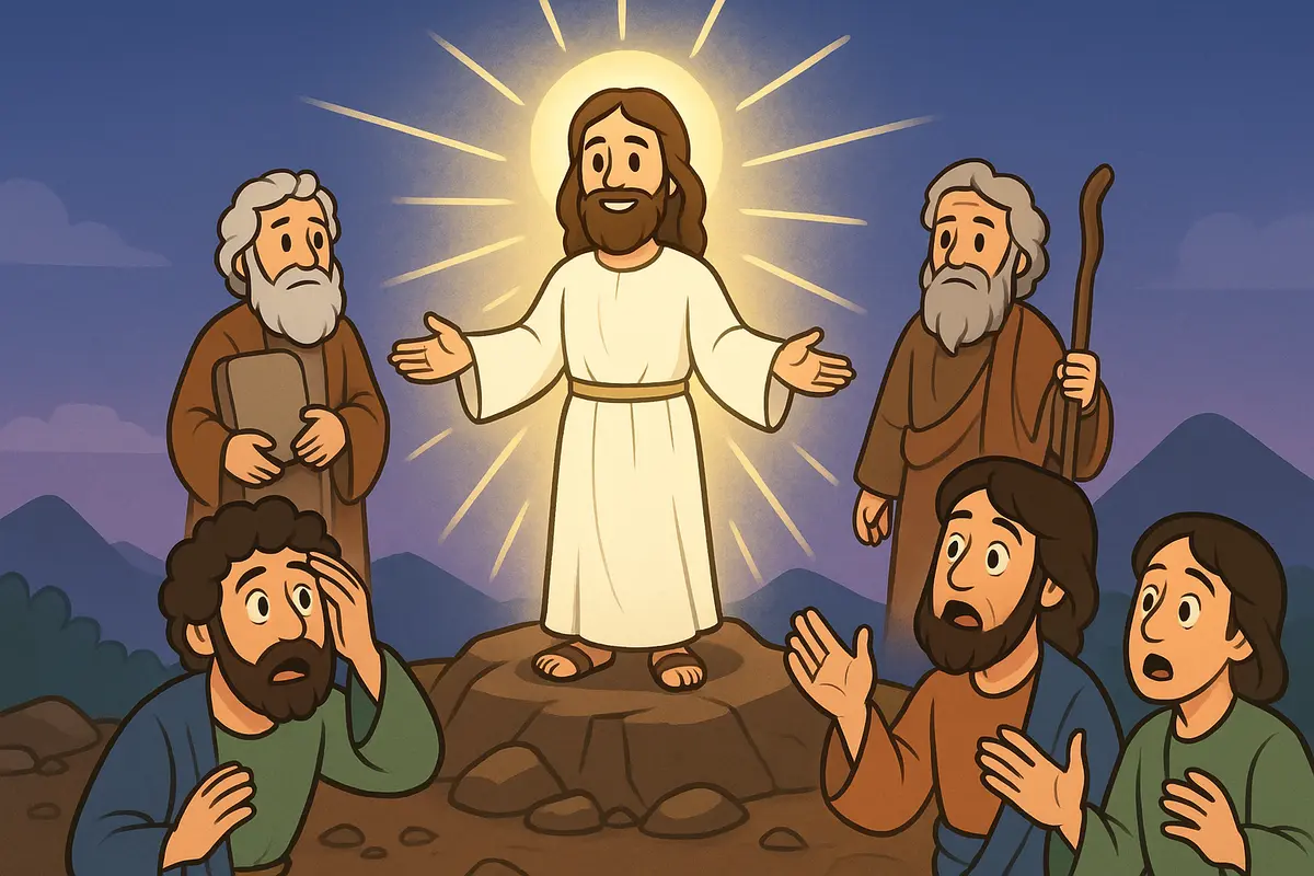Jesus glowing on the mountain with Moses and Elijah