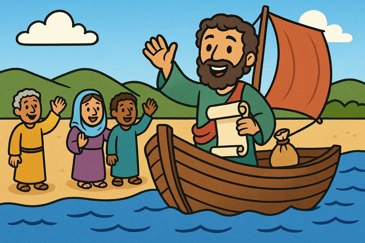 Paul waves goodbye from a boat on his journey