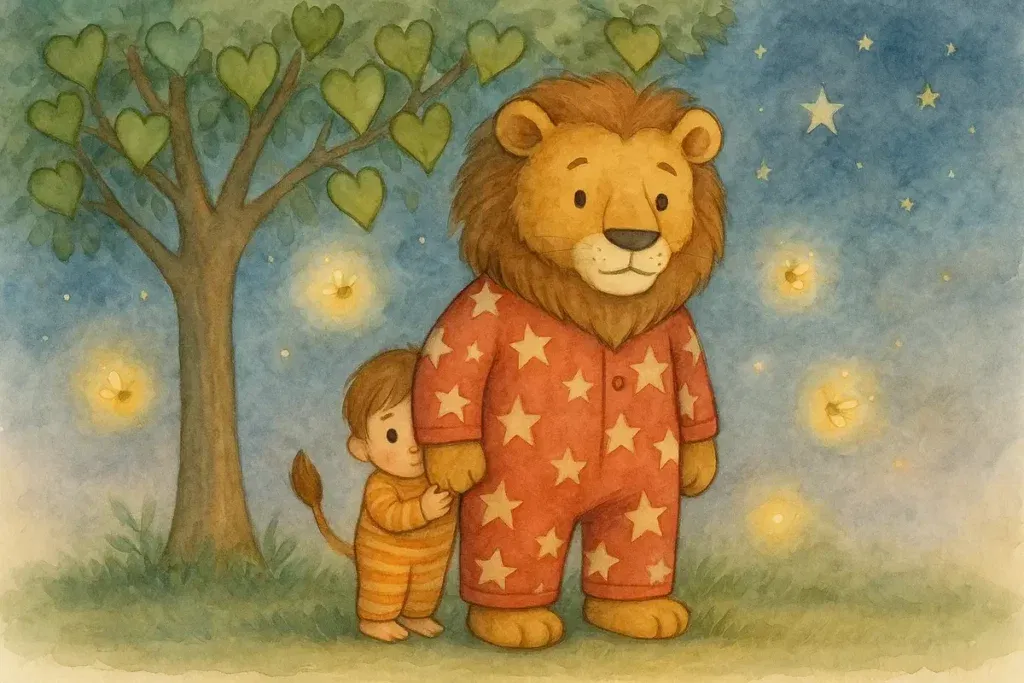 Scared child hiding behind lion at night under glowing stars and fireflies