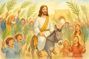 Jesus riding a donkey into Jerusalem as children and adults wave palm branches and sing praises during Palm Sunday, inspired by the hymn “All Glory, Laud, and Honor.”
