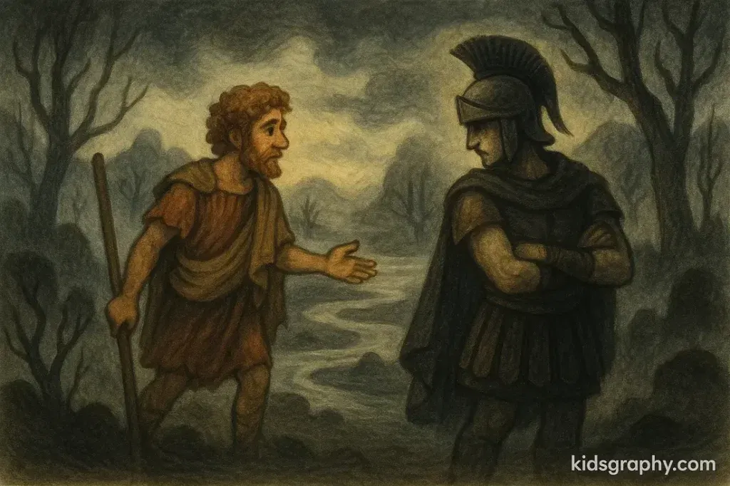 Ajax turns away from Odysseus in the Greek Underworld.