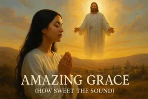 Realistic photo of a praying woman under sunlight with Jesus on a cloud, inspired by the hymn Amazing Grace