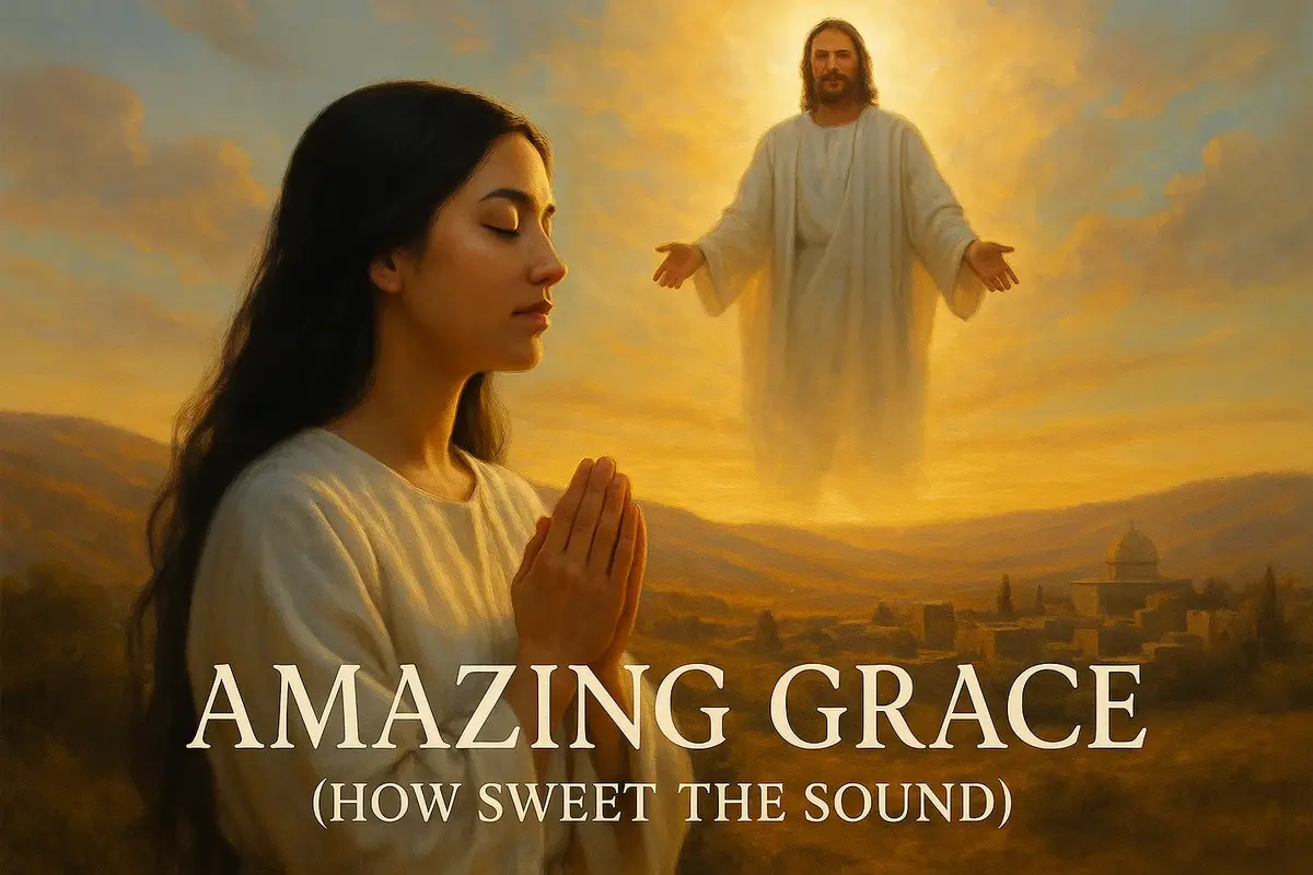 Realistic photo of a praying woman under sunlight with Jesus on a cloud, inspired by the hymn Amazing Grace