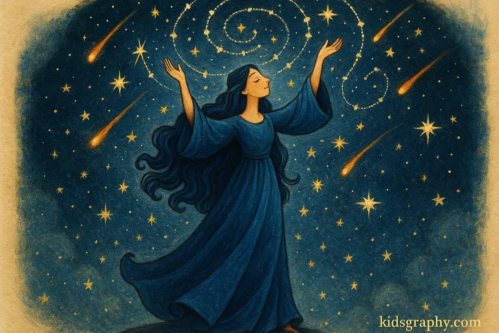 Asteria standing among stars in the night sky.