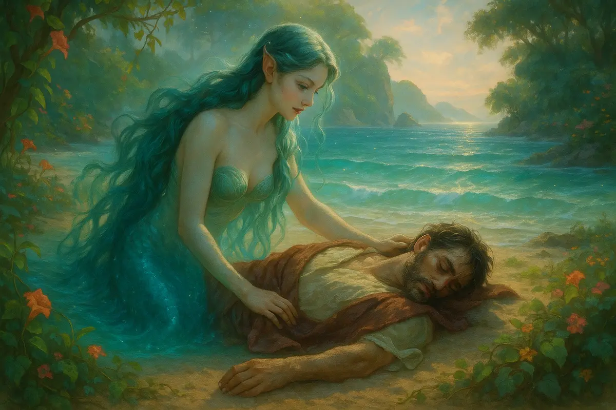Calypso finds Odysseus on the beach of her magical island.