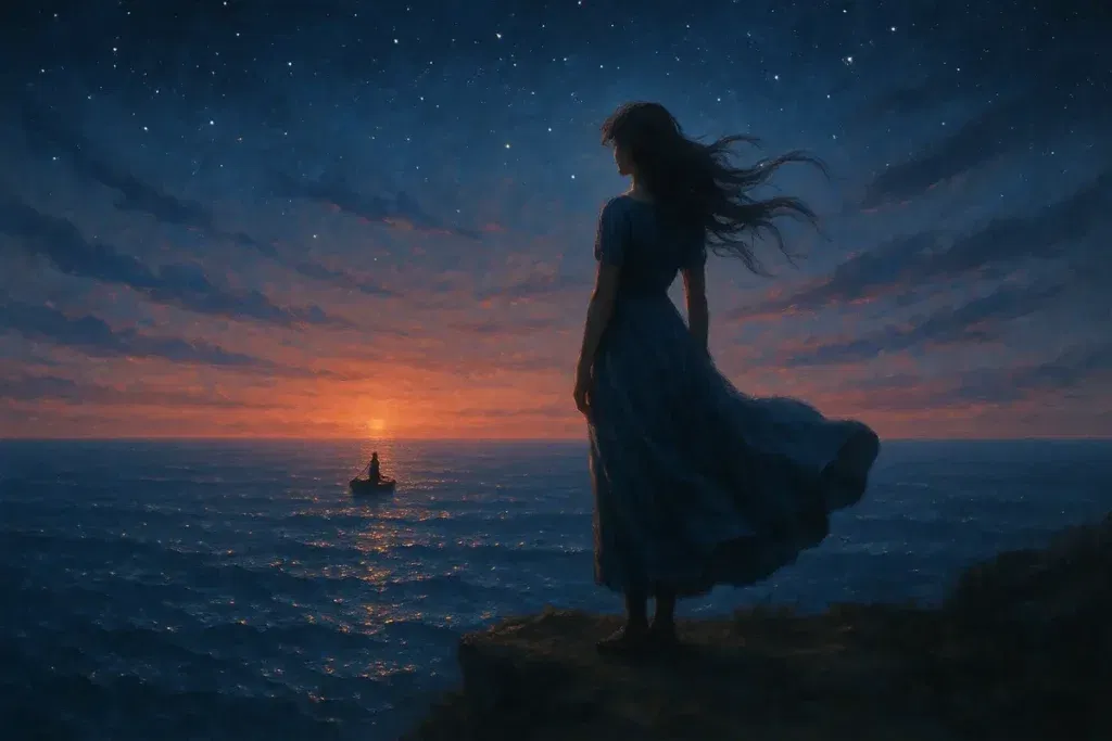 Calypso stands alone as Odysseus leaves Ogygia.