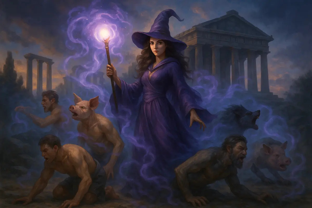 Circe casting magic to turn men into animals in Greek mythology.