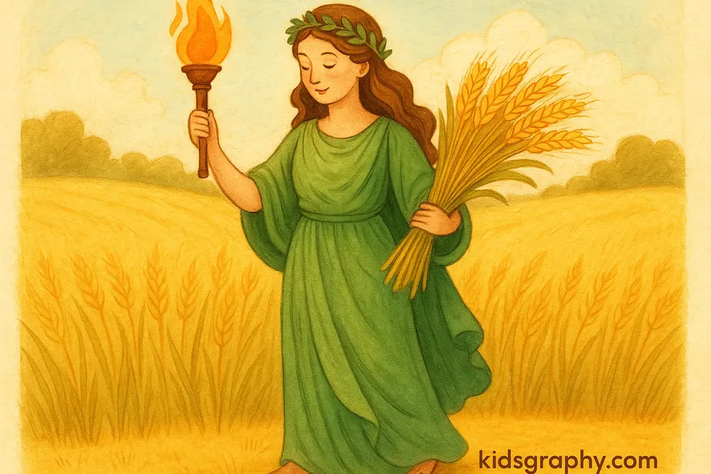 Demeter in Greek mythology holding wheat and a torch.
