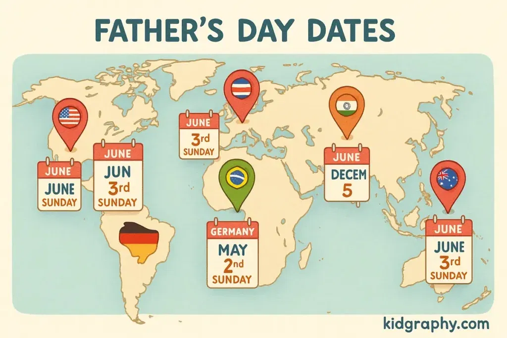 World map infographic showing Father’s Day dates by country