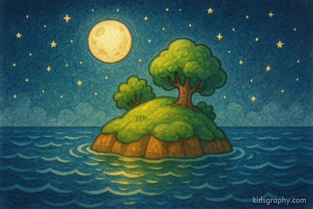 Delos floating on the sea under a starlit sky.