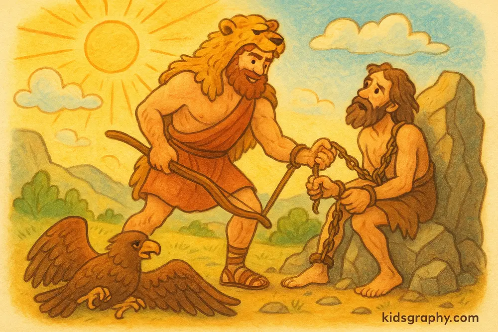 Heracles rescues Prometheus from the rock in Greek mythology.