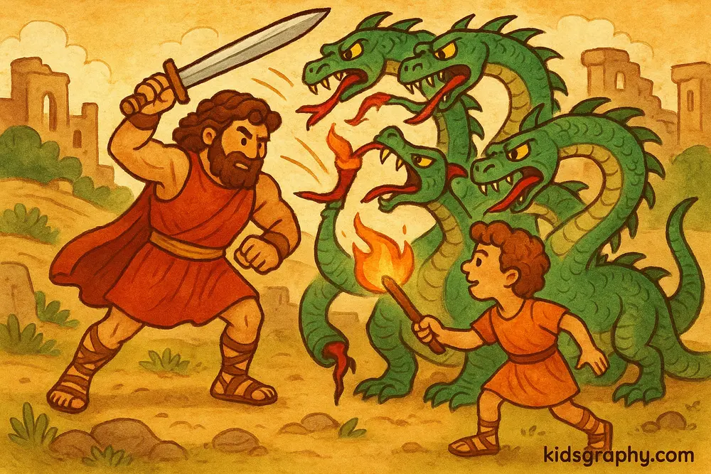 Hercules and Iolaus fighting the Hydra in Greek mythology.