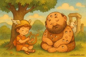 Hermes lulling Argus to sleep before slaying him in Greek myth.