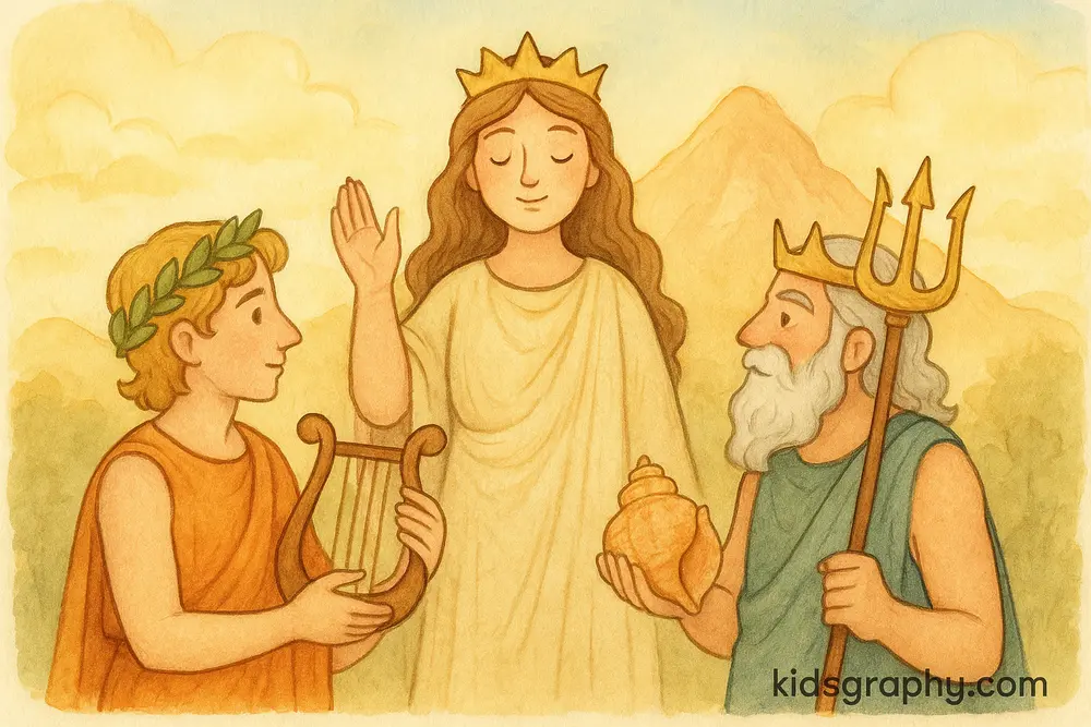 Hestia refusing marriage proposals from Apollo and Poseidon.