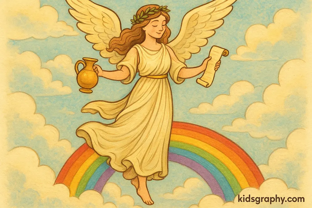Winged goddess Iris standing on a rainbow in Greek mythology.
