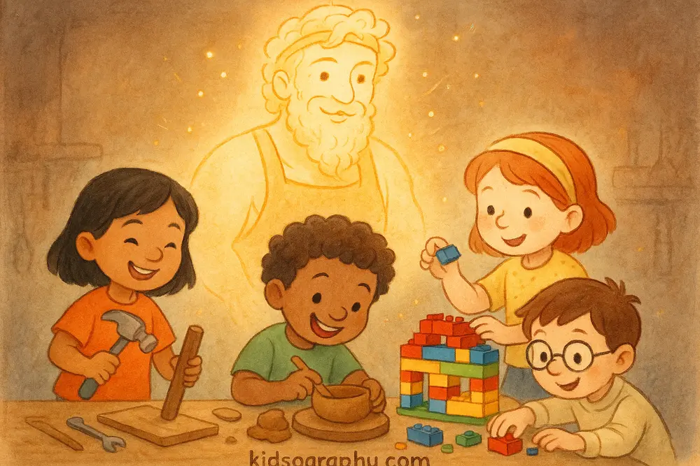 Kids building creative projects with the spirit of Hephaestus watching