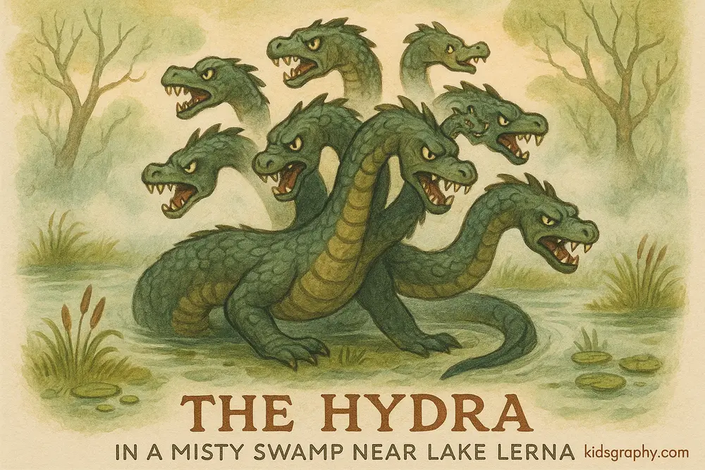 The nine-headed Hydra from Greek mythology in a swamp.