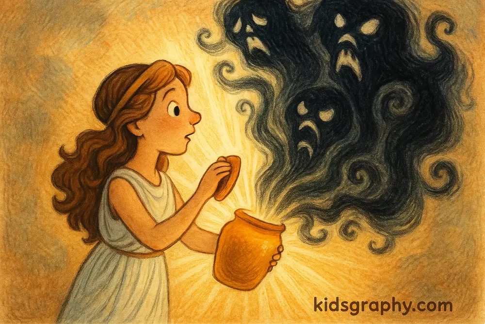 Pandora opens the jar in Greek mythology, spirits escape.