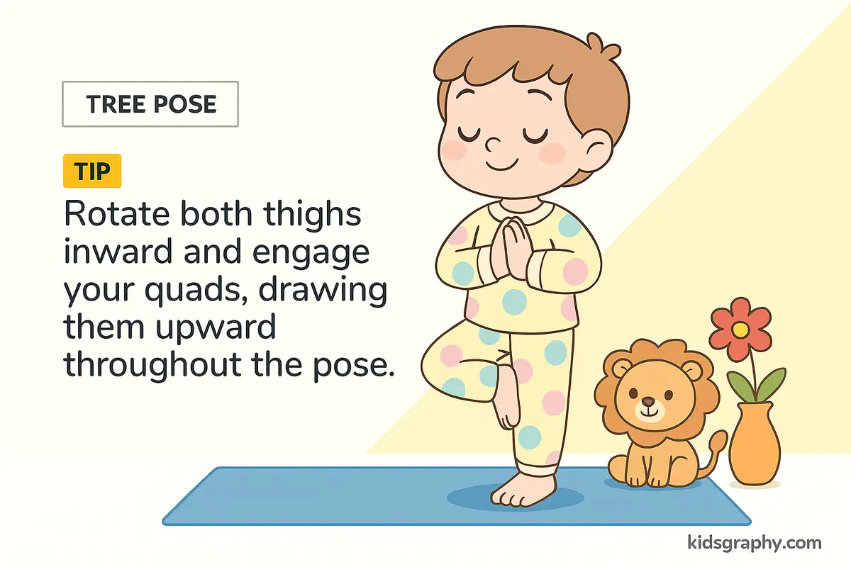 Child in polka dot pajamas standing in Tree Pose on a yoga mat with a lion and flower pot beside.