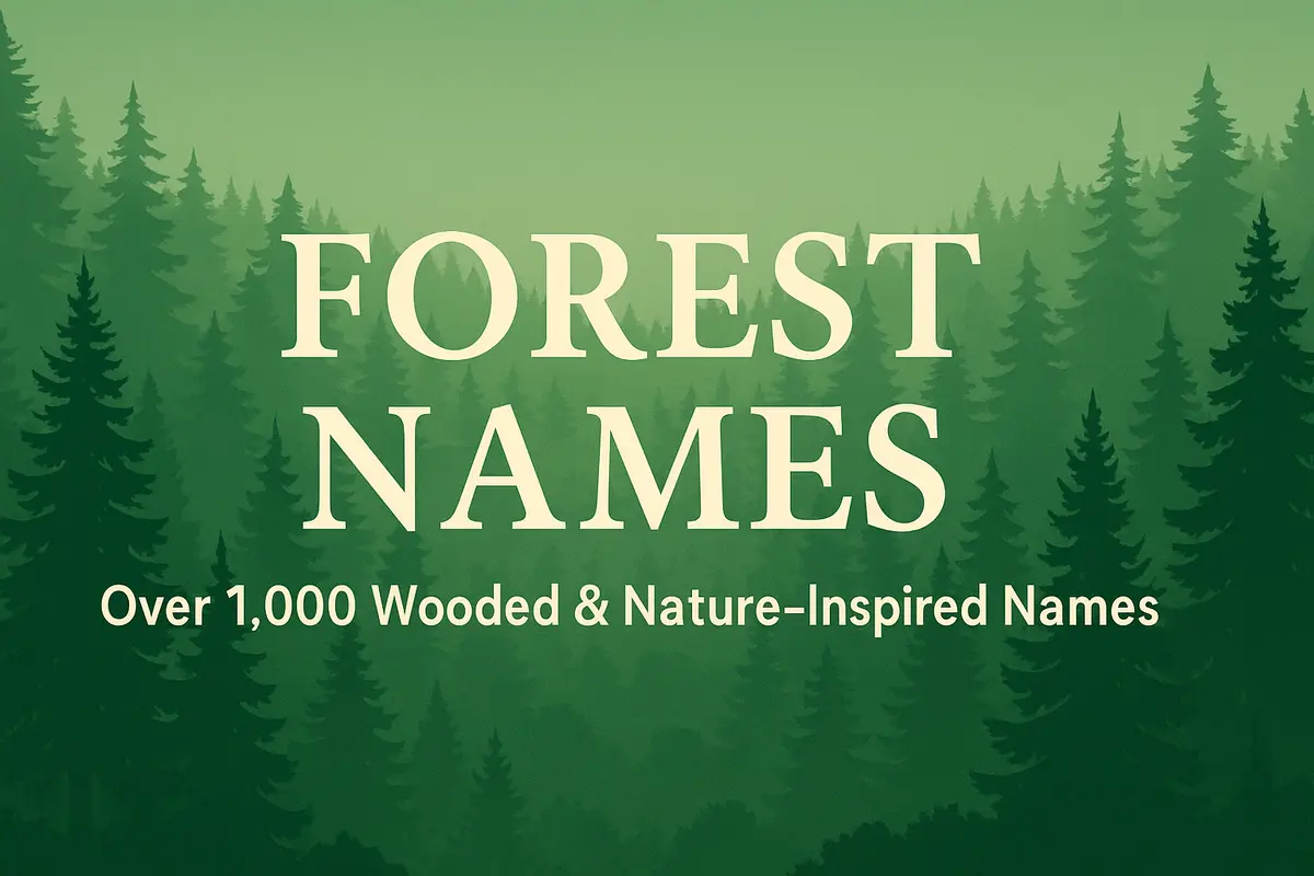 Illustrated forest with trees, glowing sunlight, and nature elements representing forest-inspired baby names and character ideas