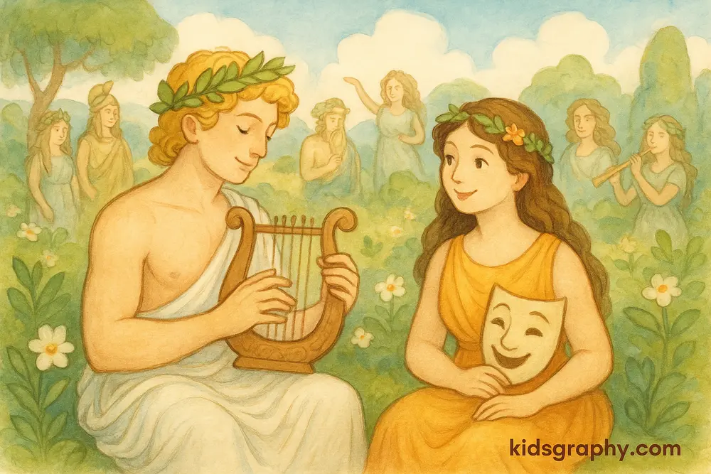 Apollo with Thalia in a peaceful mythological scene